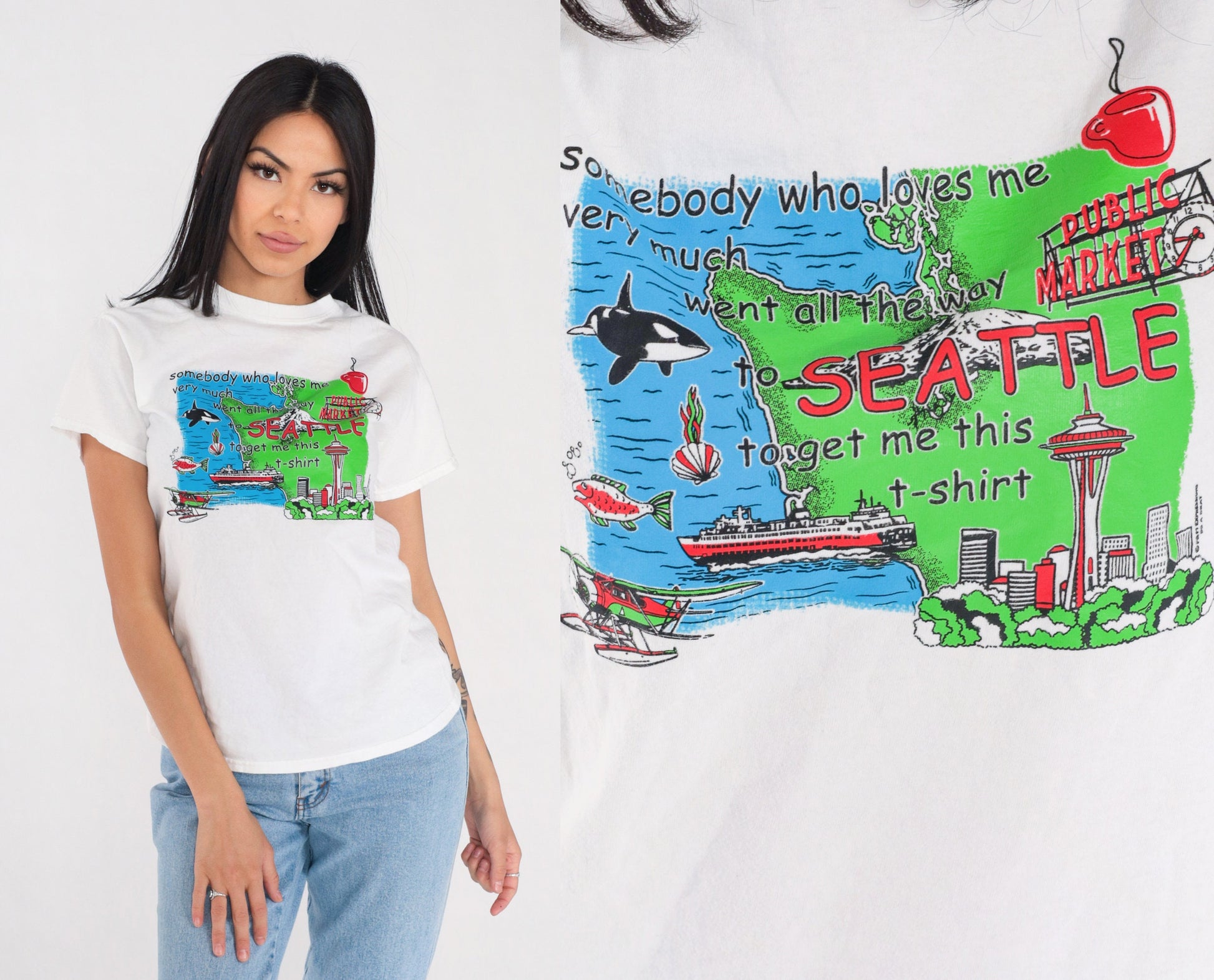 00s Seattle Graphic T-Shirt "Somebody Loves Me" White Cotton Tee Small