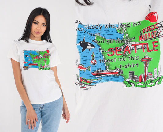 00s Seattle Graphic T-Shirt "Somebody Loves Me" White Cotton Tee Small