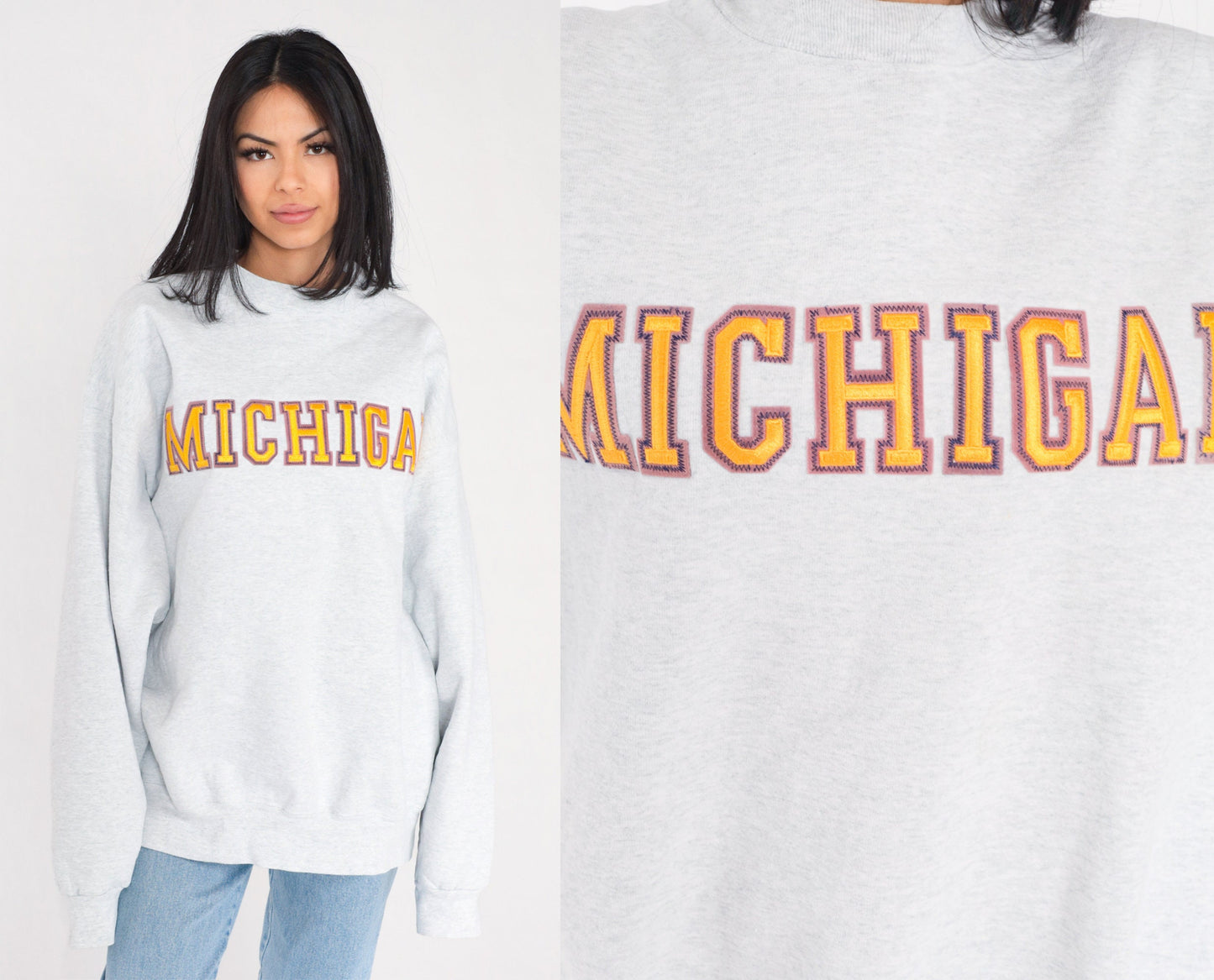90s Michigan Wolverines University Sweatshirt Heather Grey Gold Graphic XXL
