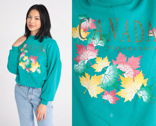 90s Niagara Falls Canada Maple Leaf Sweatshirt Green Crewneck Small