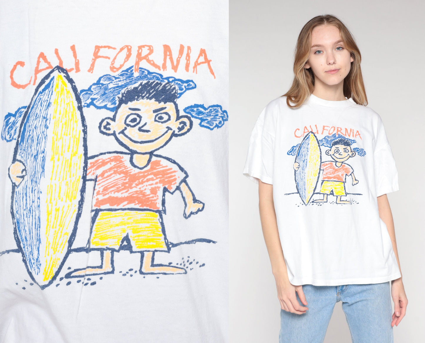 90s California Surfer Boy Graphic T-Shirt White Cotton Extra Large XL