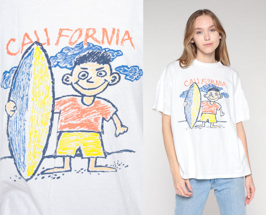 90s California Surfer Boy Graphic T-Shirt White Cotton Extra Large XL