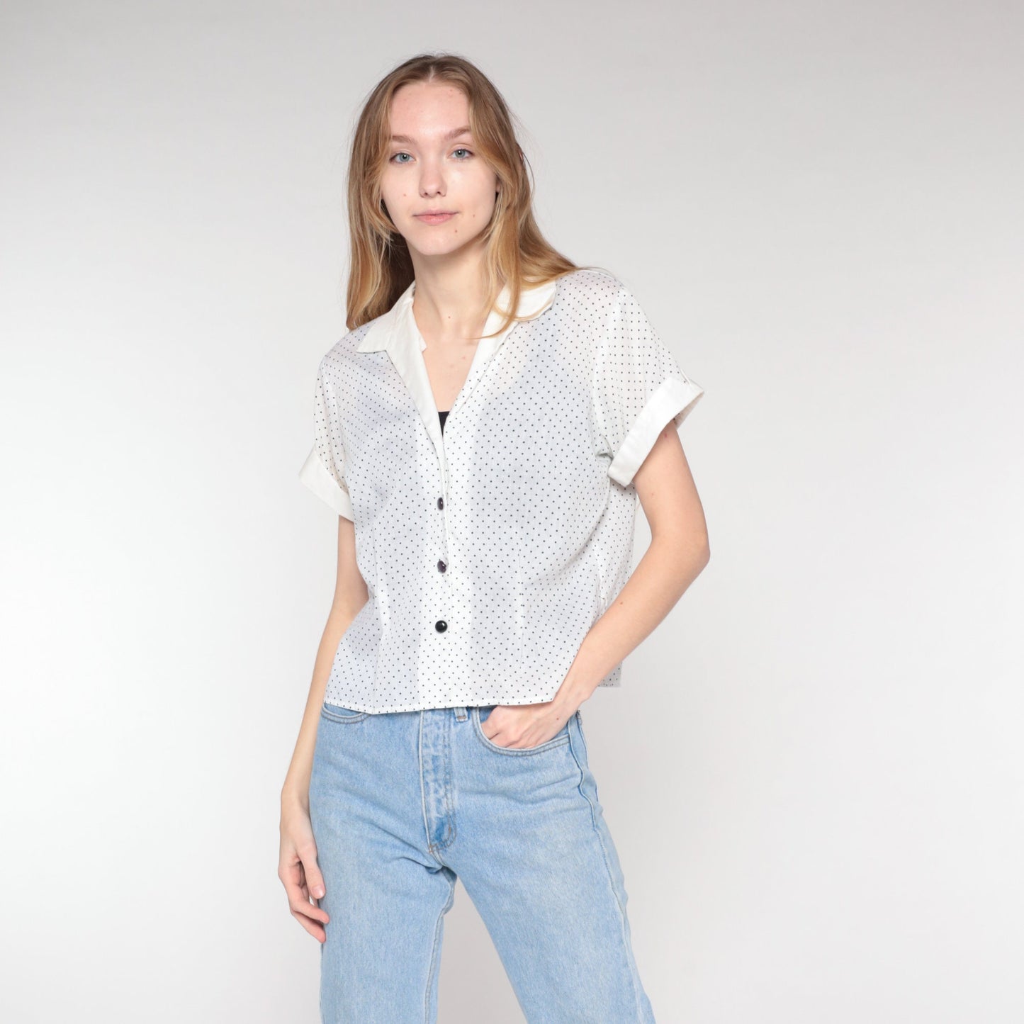 70s Polka Dot Button-Up Blouse White Black Collared Short Sleeve Large