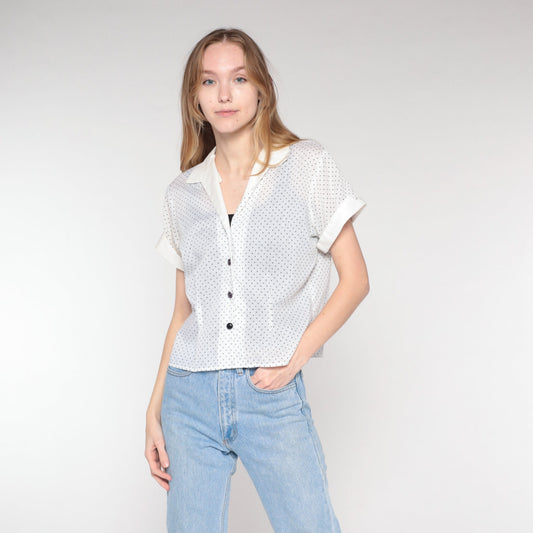 70s Polka Dot Button-Up Blouse White Black Collared Short Sleeve Large