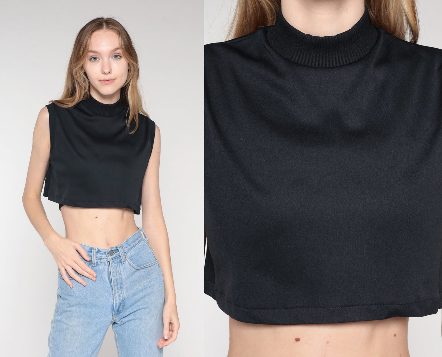 70s Black Mock Neck Crop Tank Top Sleeveless Small S