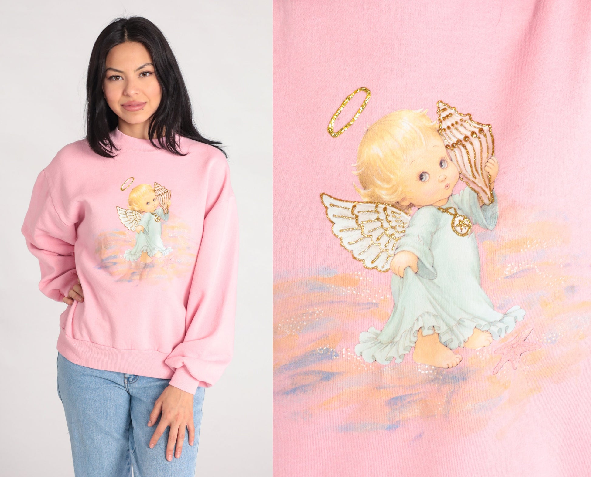 90s Jerzees Baby Angel Beach Sweatshirt Pink Graphic Crewneck Large