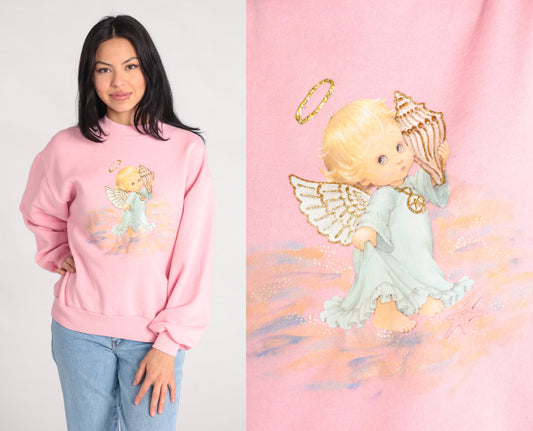 90s Jerzees Baby Angel Beach Sweatshirt Pink Graphic Crewneck Large