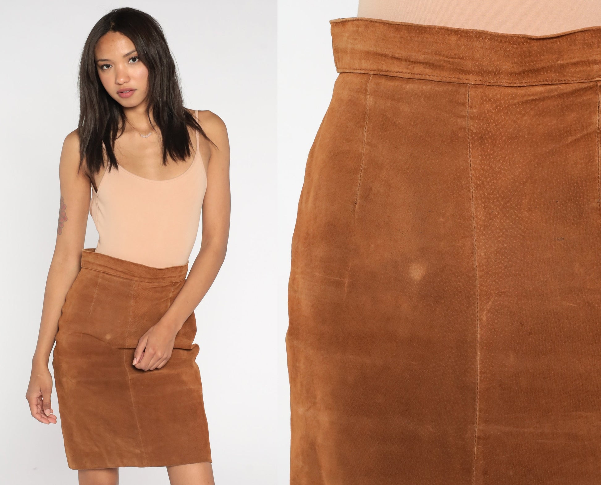 90s Brown Suede Mini Skirt High Waist Pencil Cut Rear Zipper Small