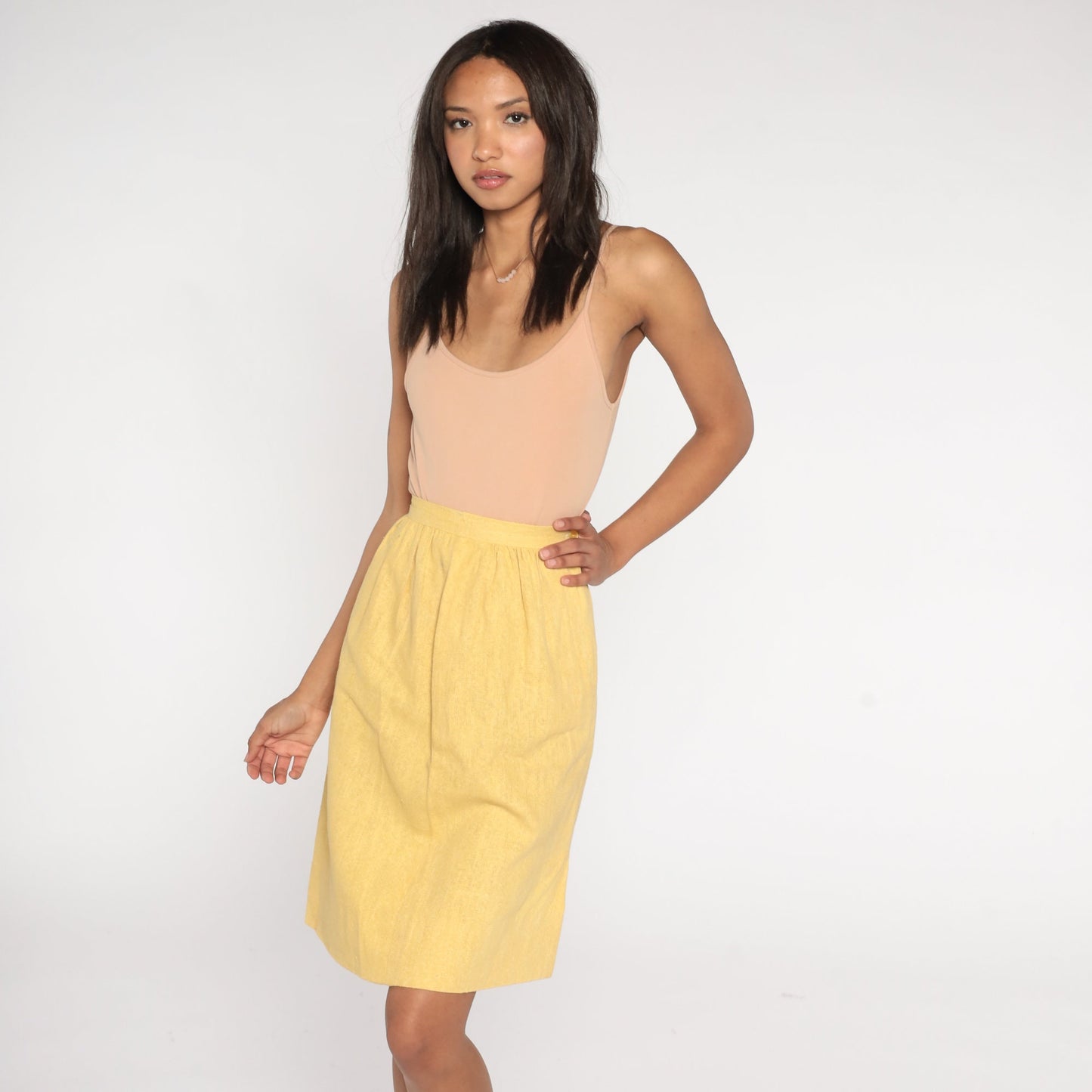 60s Yellow Pencil Skirt High Waisted Mini Linen XXS