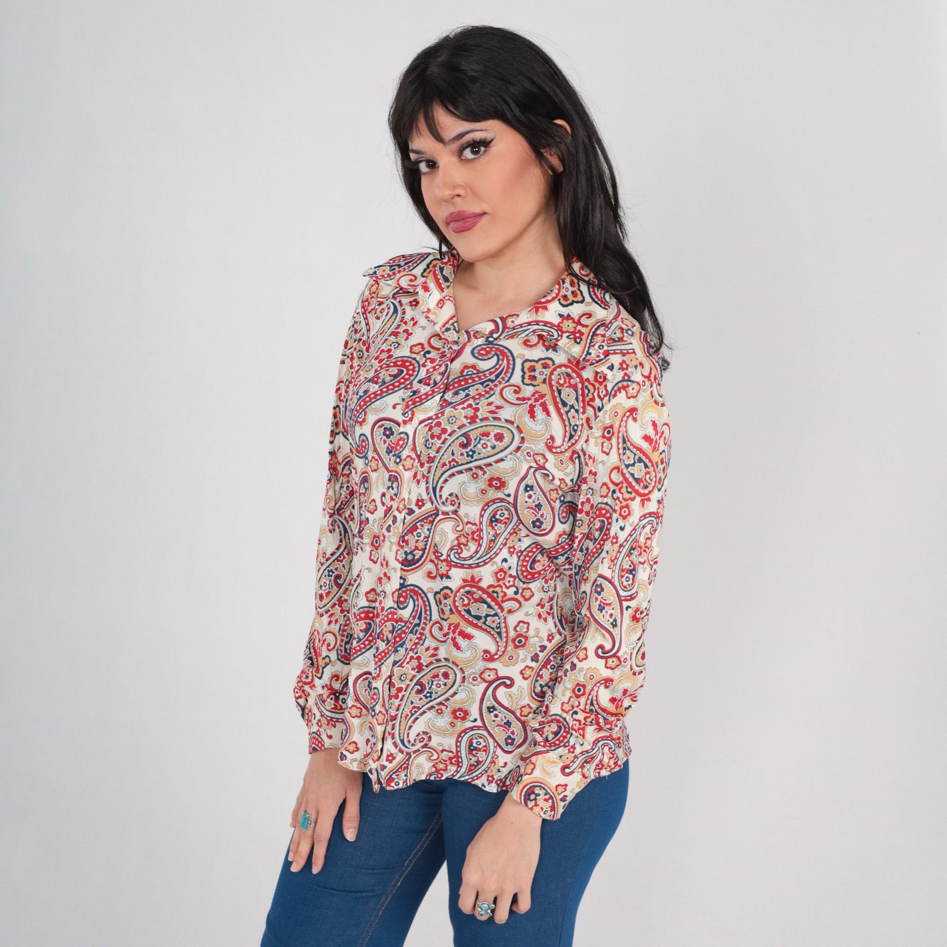 70s Paisley Floral Button-Up Blouse Long Sleeve Collared Shirt White Red Blue Tan Large L