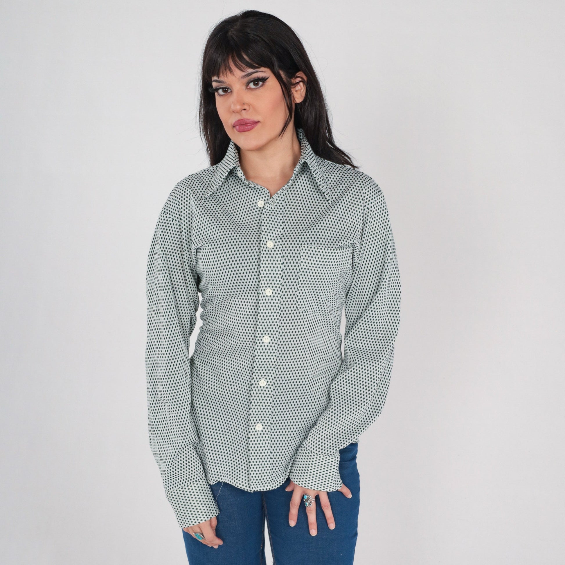 70s Arrow Button-Up Shirt White Green Dot Print Dagger Collar Medium