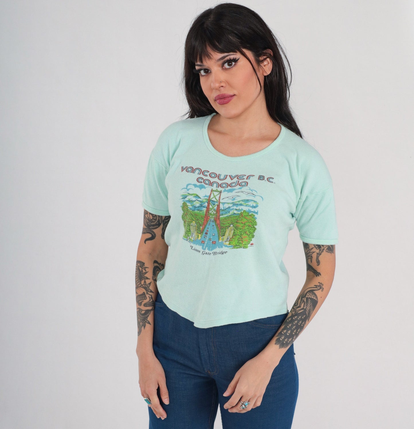 80s Vancouver BC Lions Gate Bridge Graphic T-Shirt Mint Green Single Stitch Medium