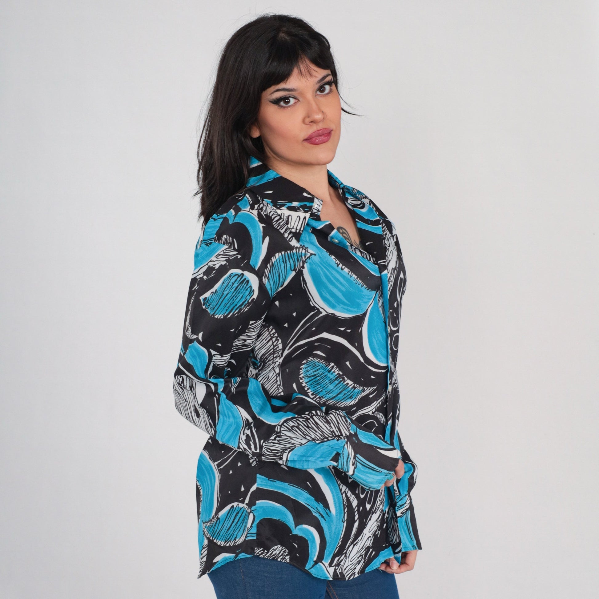 70s Abstract Leaf Print Button-Up Shirt Blue Black Dagger Collar Long Sleeve Large