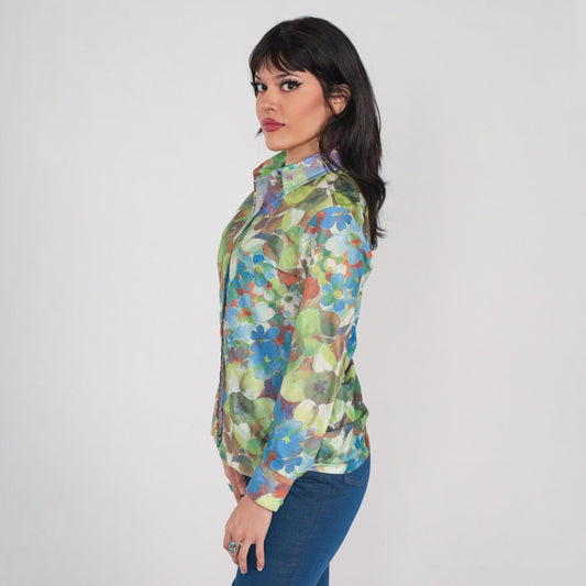 70s Floral Button-Up Blouse Long Sleeve Collared Shirt Green Blue Orange Medium