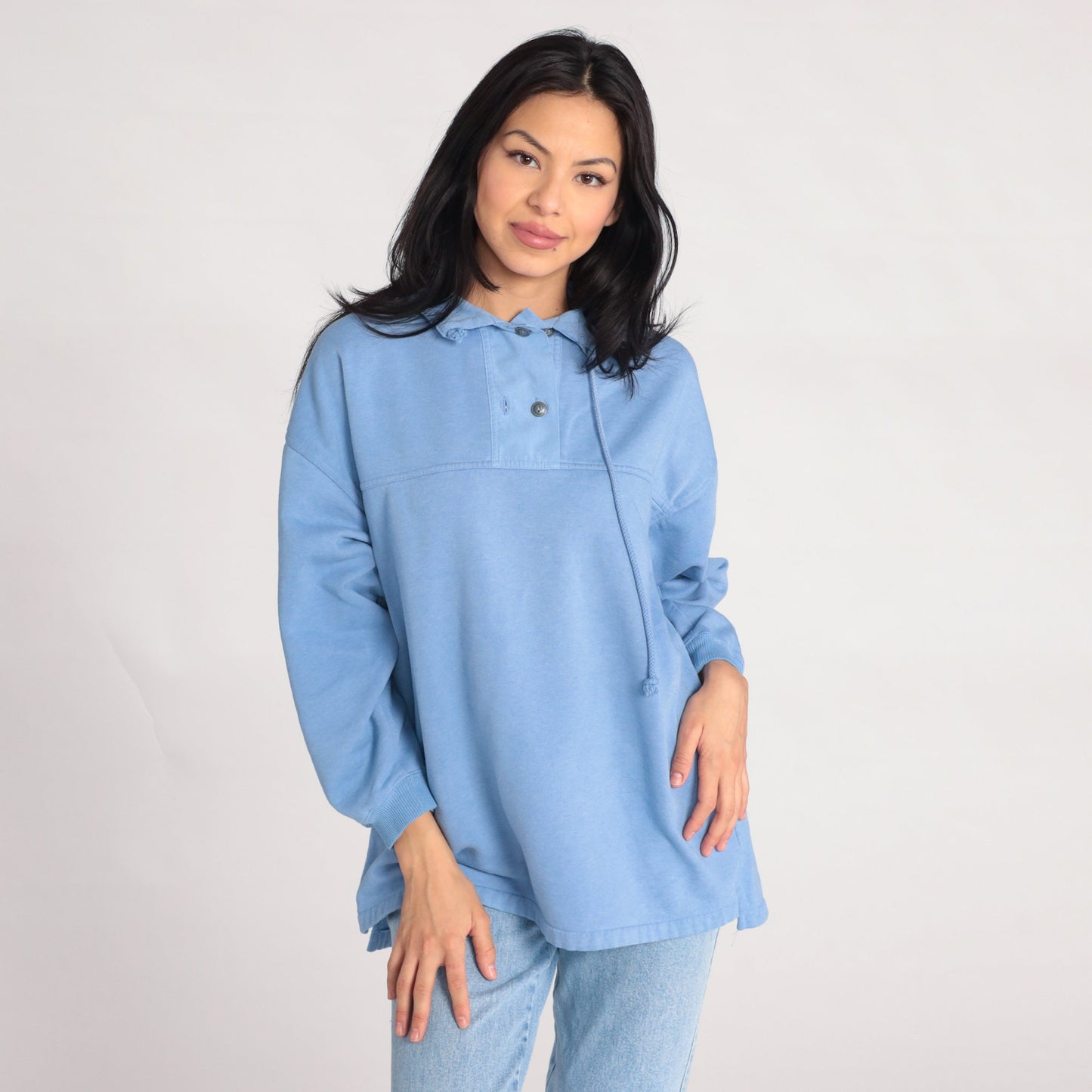90s Cornflower Blue Sweatshirt Drawstring Neckline Polo Pullover Medium