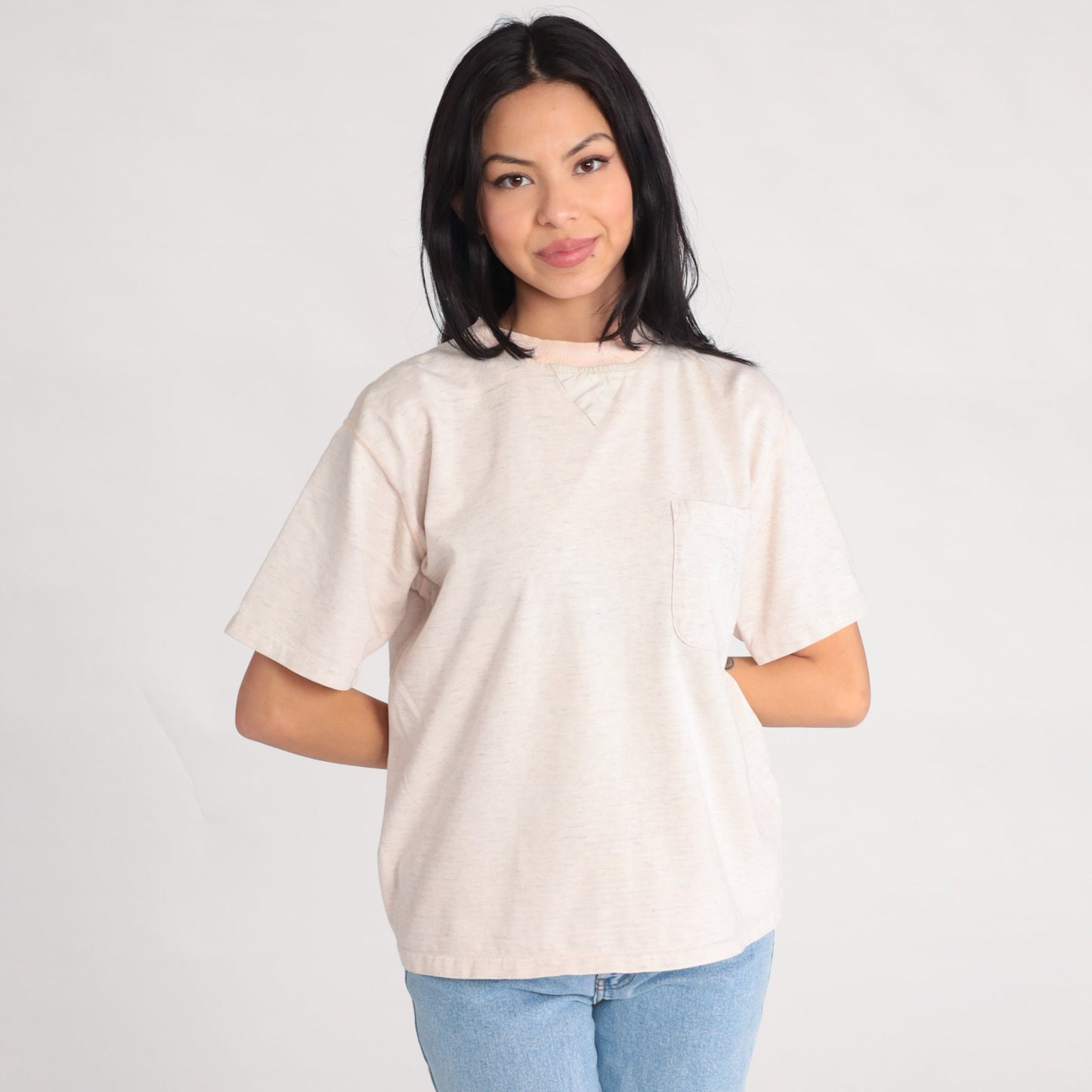 90s Fruit of the Loom Heathered Grey Pocket Tee Embroidered Crest Medium