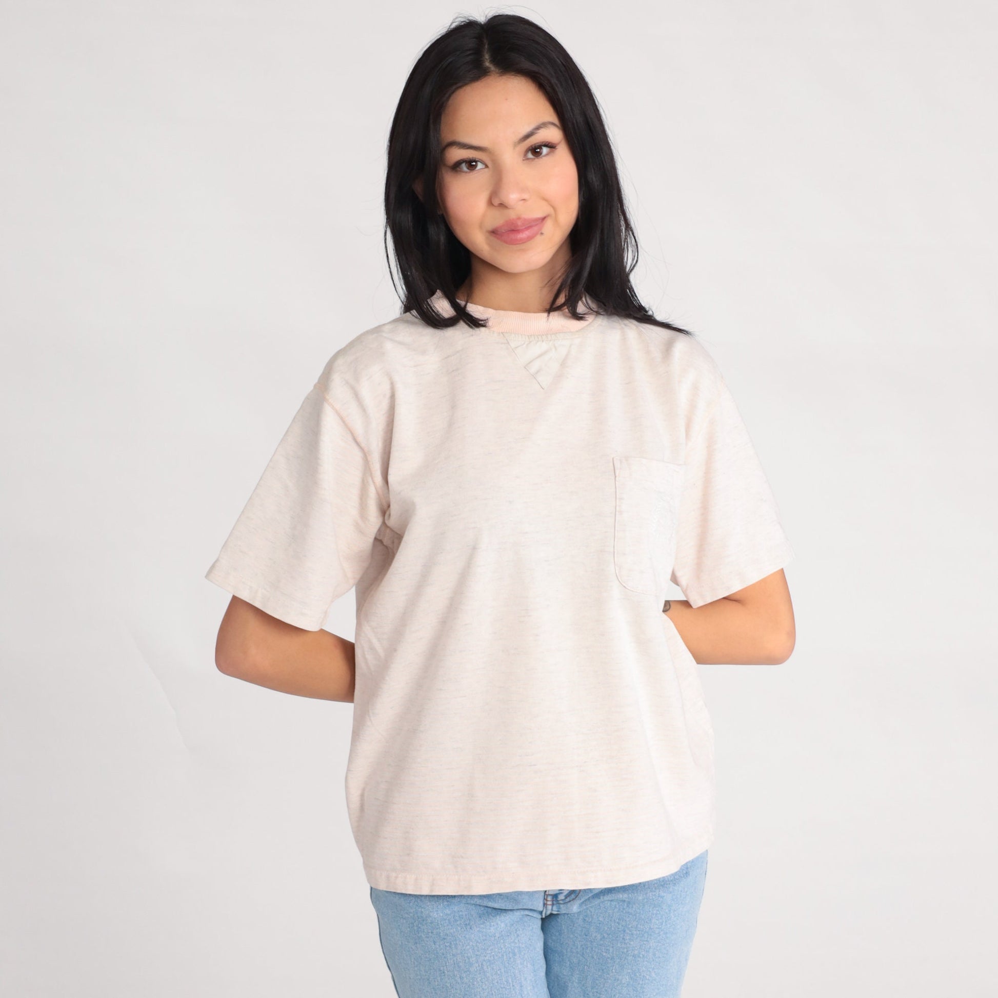 90s Fruit of the Loom Heathered Grey Pocket Tee Embroidered Crest Medium