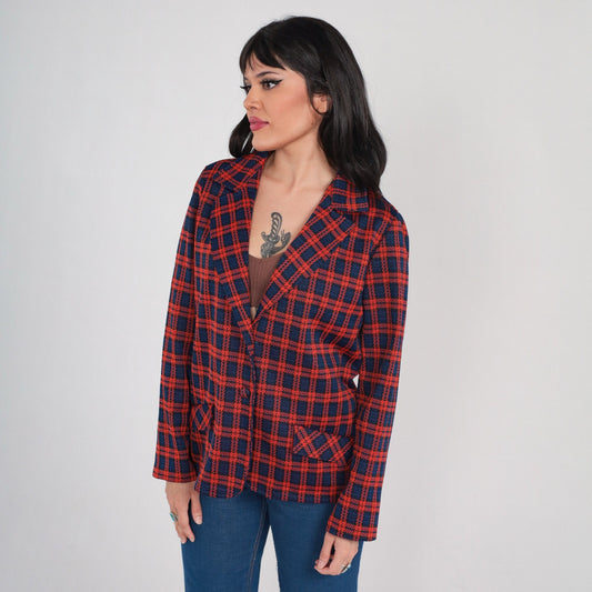 70s Plaid Blazer Red Blue Checkered Notched Collar Button Up Medium