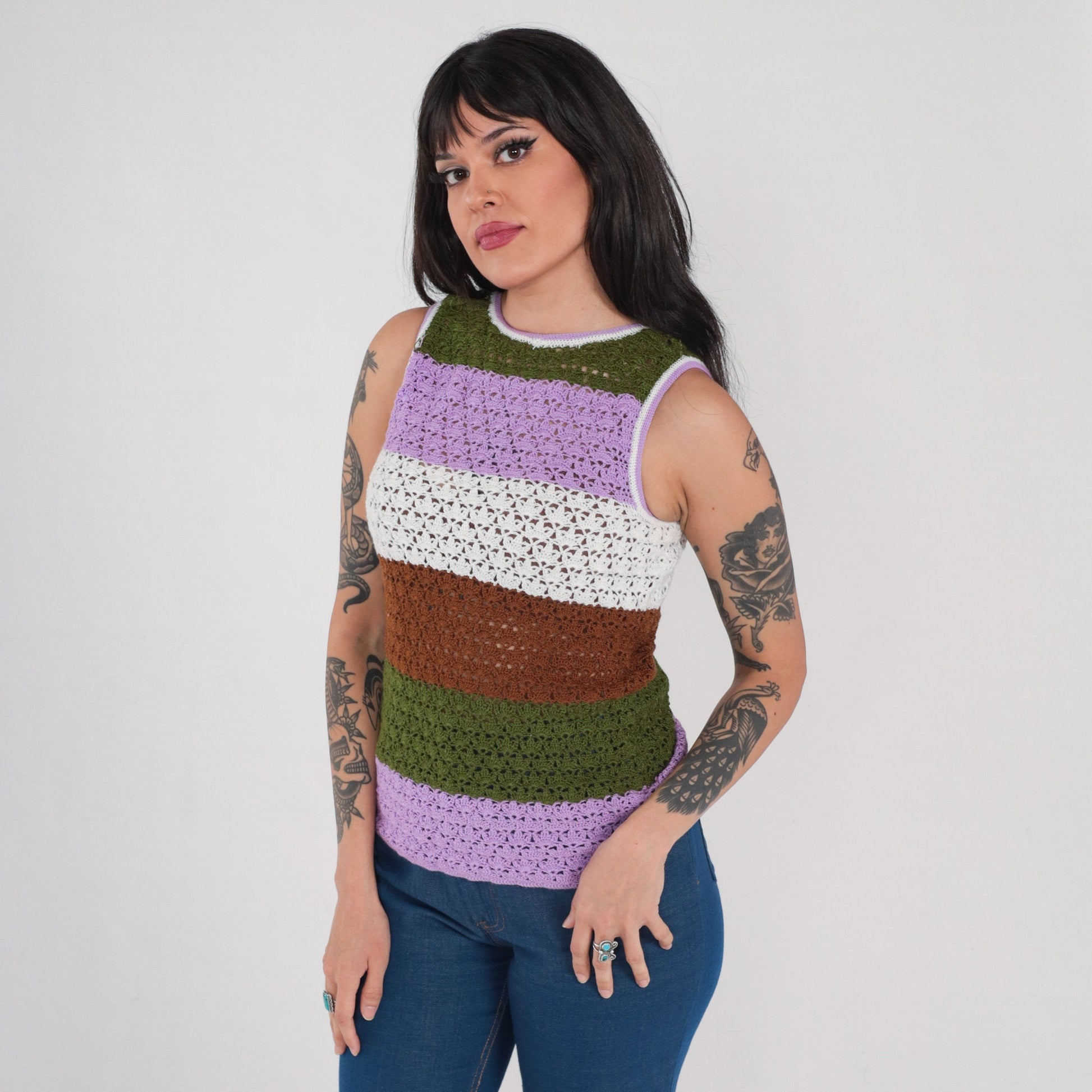 70s Striped Crochet Tank Top Multicolor Knit Sleeveless Small