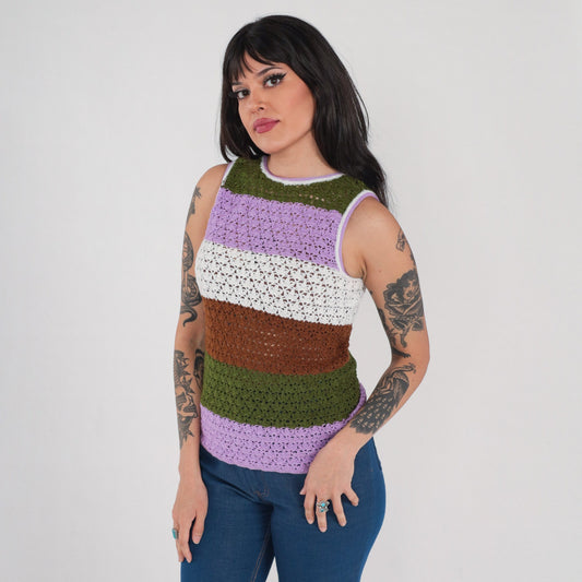 70s Striped Crochet Tank Top Multicolor Knit Sleeveless Small