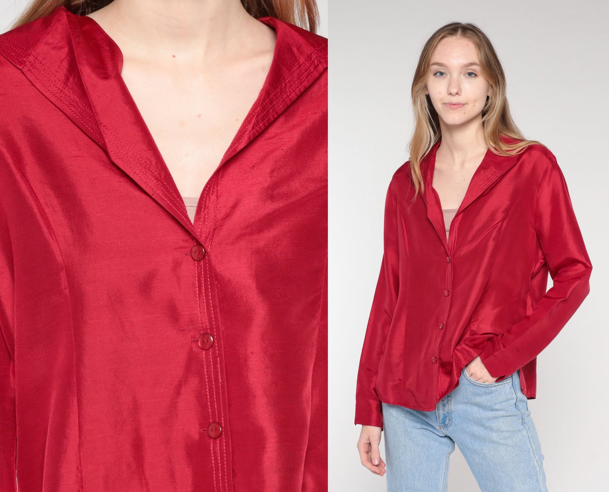 00s Red Silk Button-Up Blouse Long Sleeve Shirt Extra Large XL