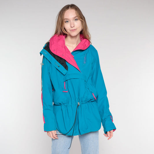 80s Blue Pink Hooded Ski Jacket Pullover Windbreaker Nylon Medium M