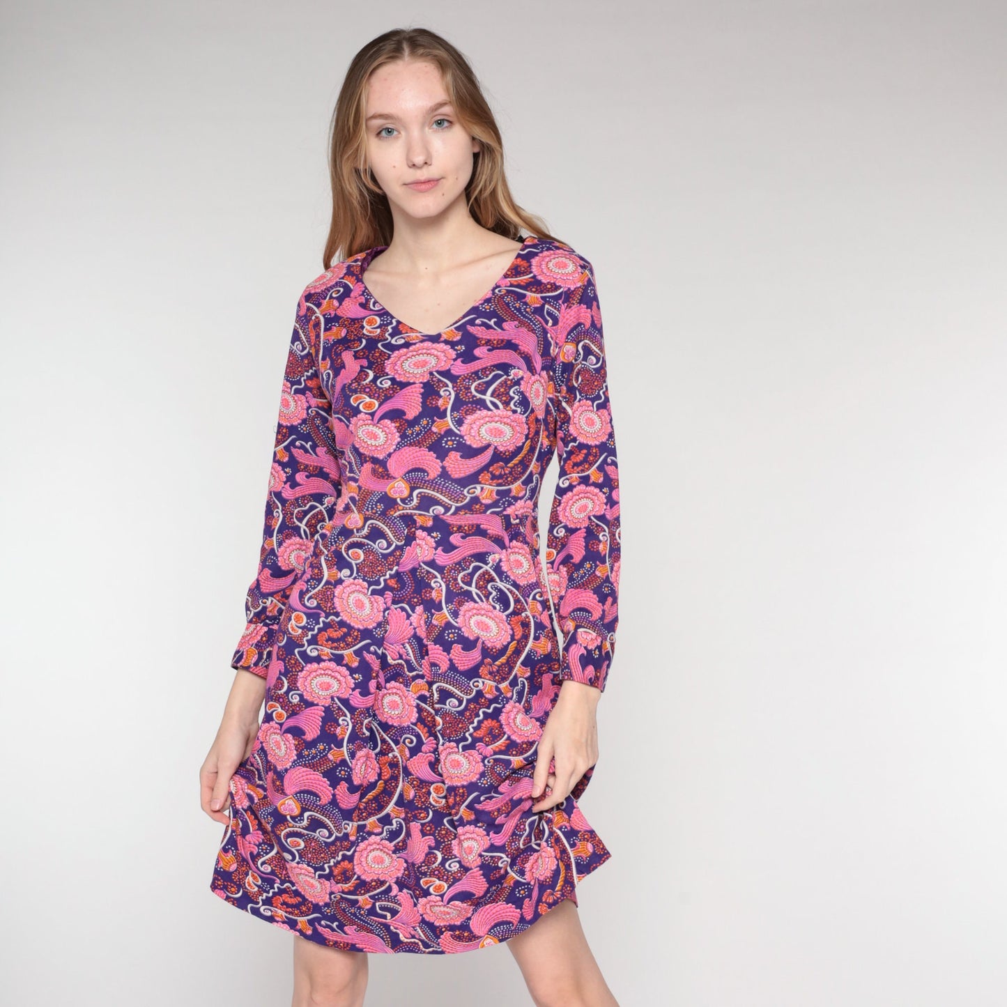70s Purple Pink Floral Mini Dress Long Sleeve V-Neck Small S