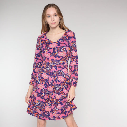 70s Purple Pink Floral Mini Dress Long Sleeve V-Neck Small S