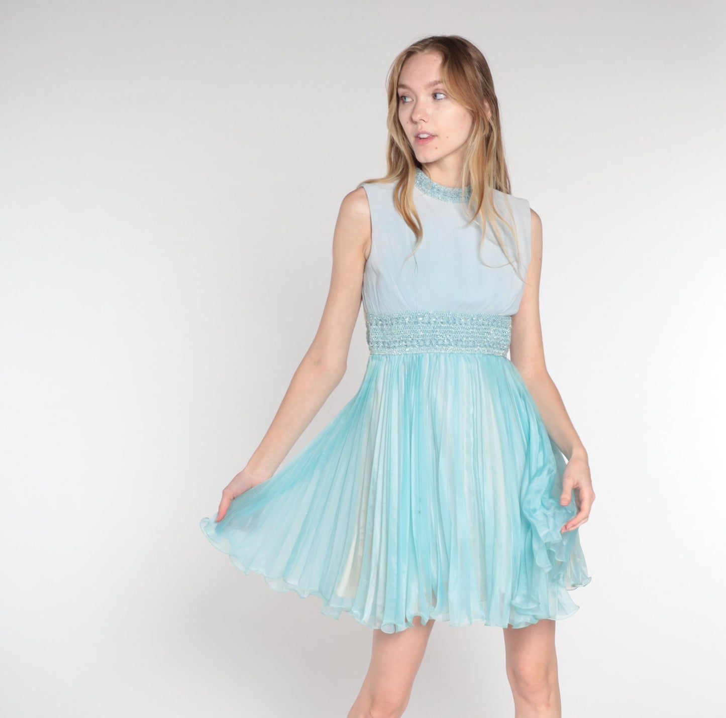 60s Blue Sparkly Empire Waist Mini Dress Sleeveless Pleated Cocktail Extra Small