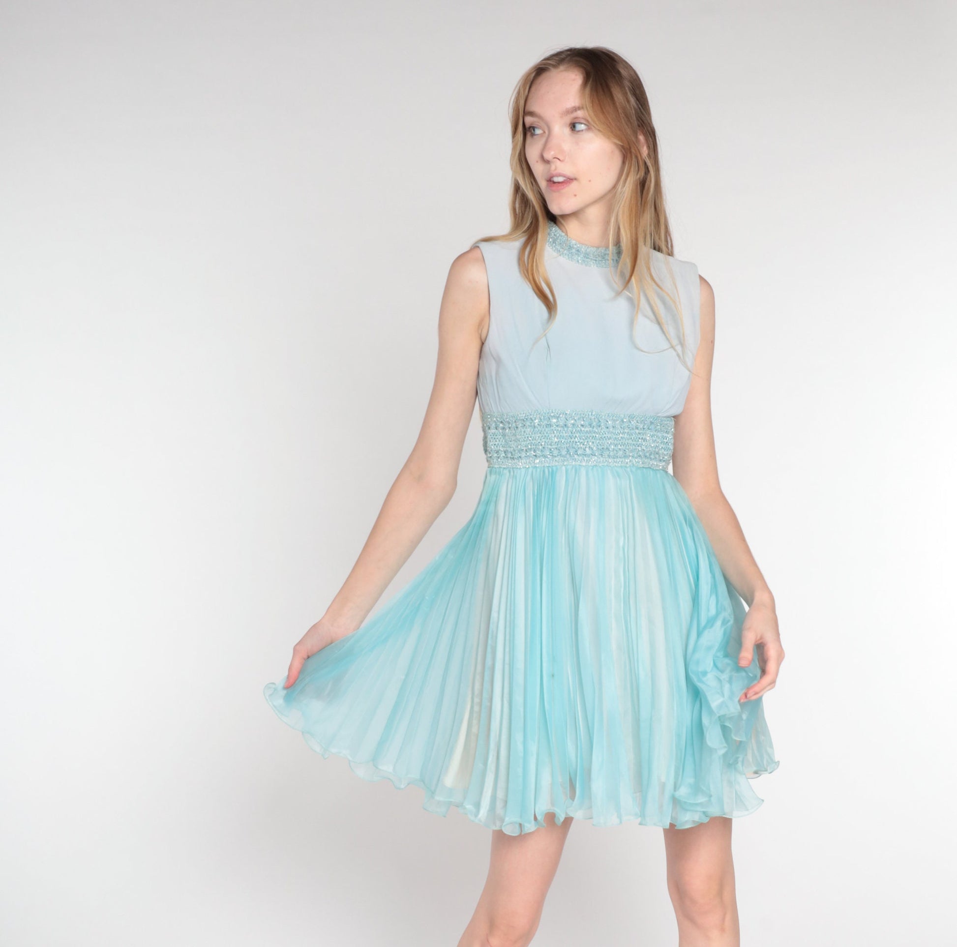 60s Blue Sparkly Empire Waist Mini Dress Sleeveless Pleated Cocktail Extra Small
