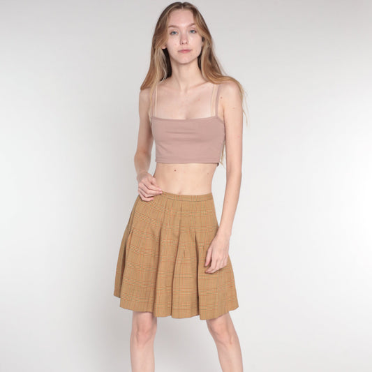 70s Plaid Mini Skirt High Waist Pleated Tan Orange Green Tartan Extra Small