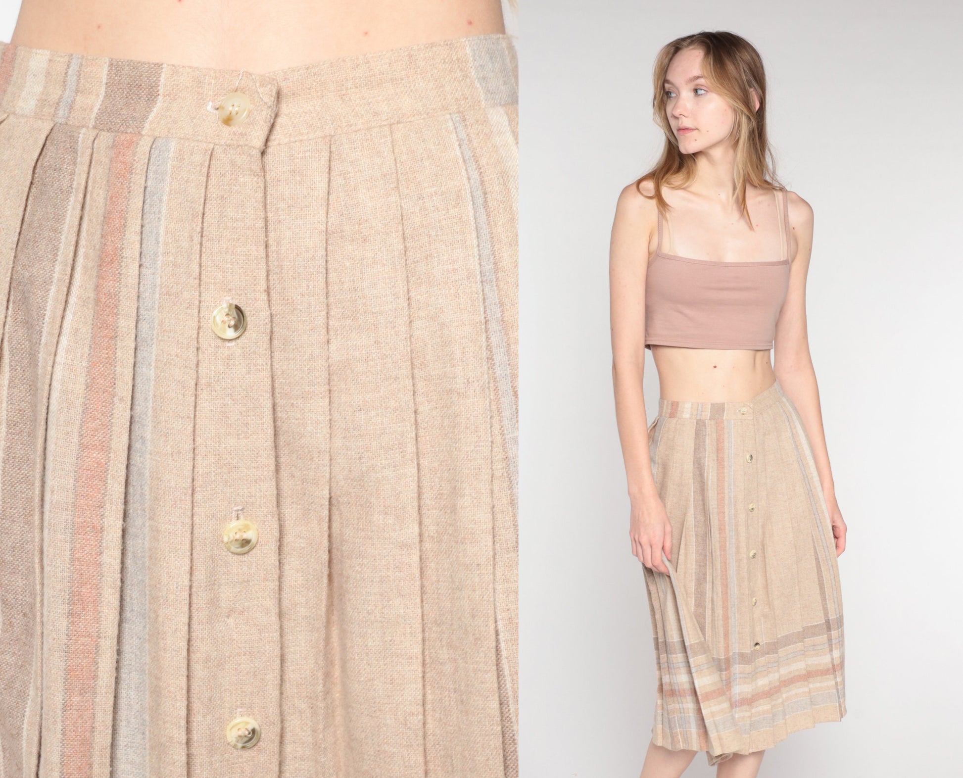 80s Tan Striped Pleated Midi Skirt High Waist Button Front Extra Small