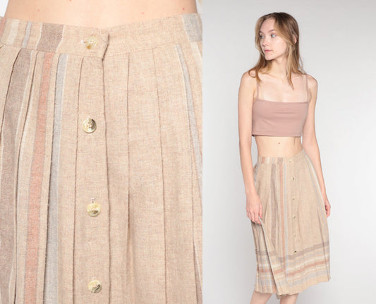 80s Tan Striped Pleated Midi Skirt High Waist Button Front Extra Small
