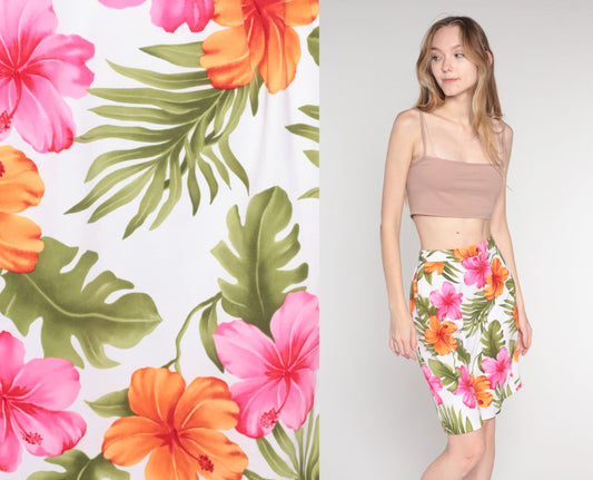 90s Tropical Floral White Mini Pencil Skirt High Waisted Small 6