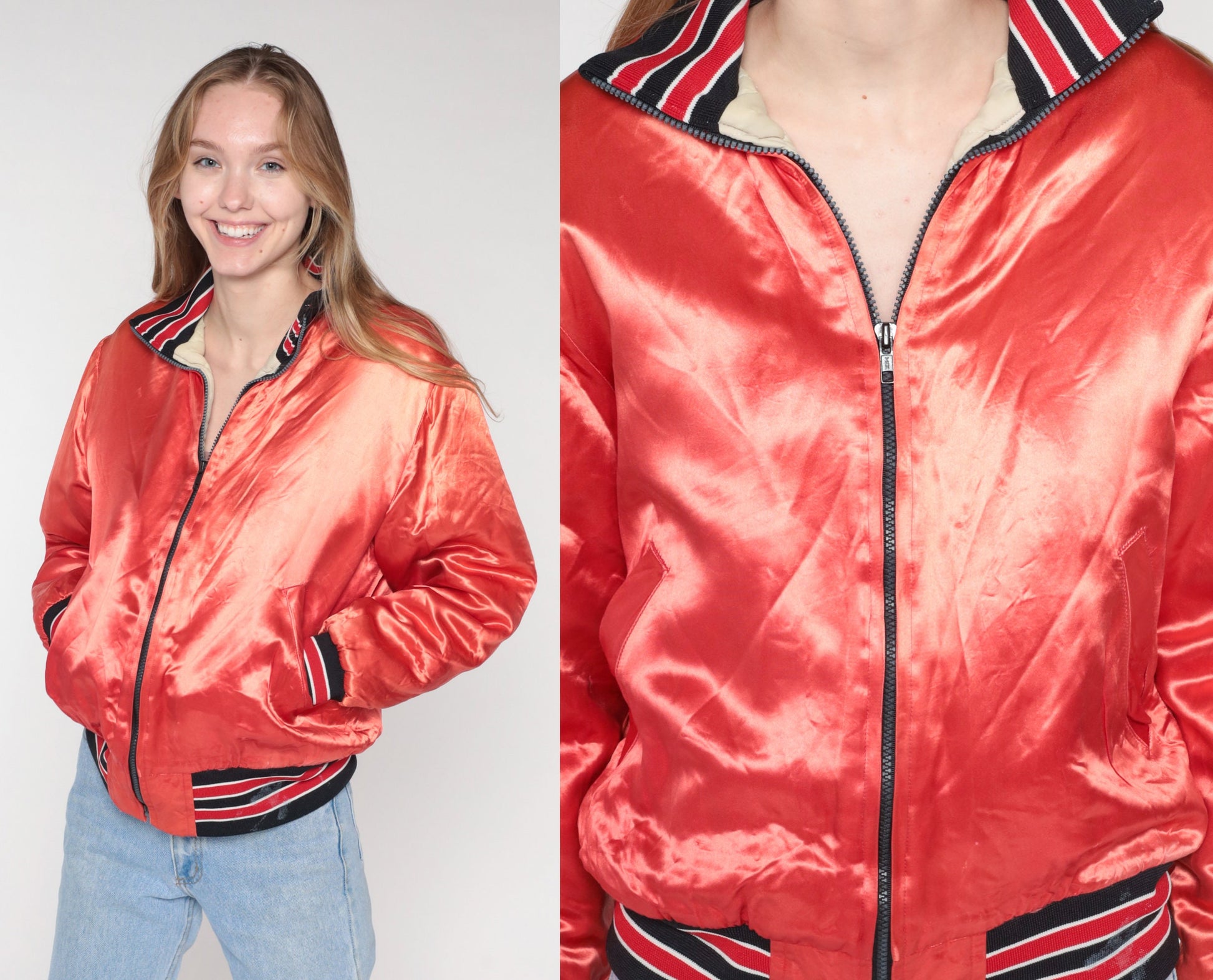 80s Red-Orange Baseball Bomber Jacket Quilted Lining Zip Up Medium