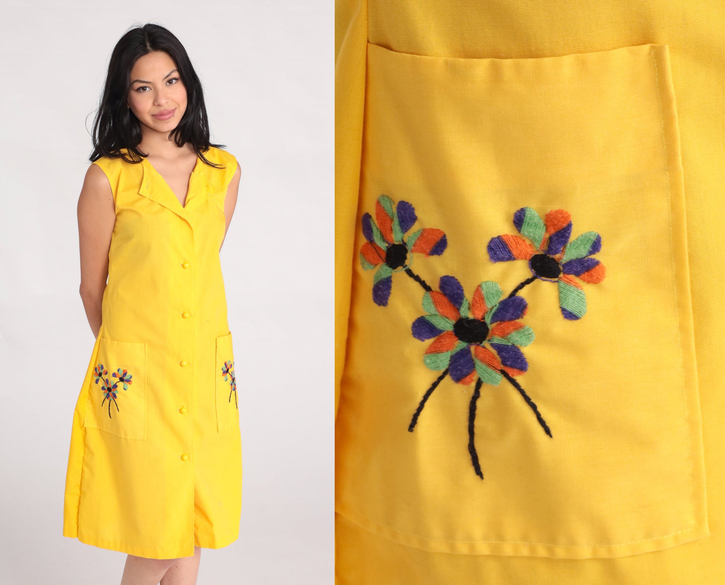 60s Yellow Floral Embroidered Shift Dress Button Front Pockets Small