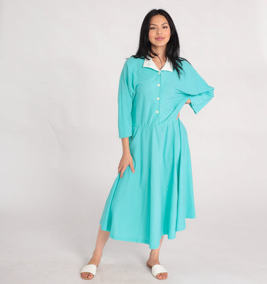 80s Mint Blue Shirtwaist Midi Dress High Waisted Button Up 3/4 Sleeve Large