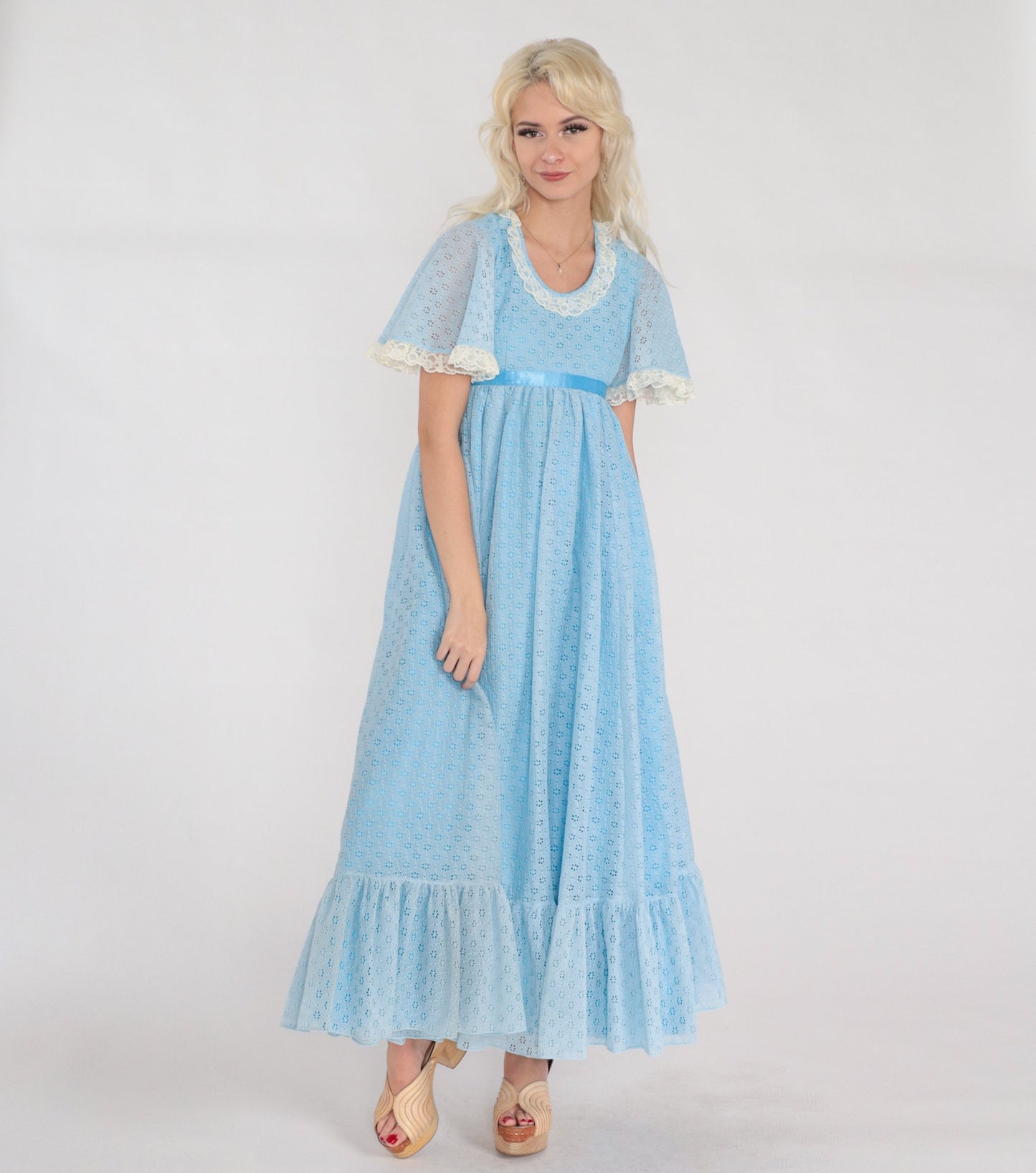 70s Blue Eyelet Maxi Dress Empire Waist Flutter Sleeve Lace Trim Ankle Length Extra Small XS