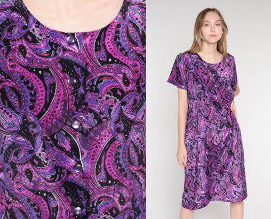 60s Paisley Shirtwaist Midi Dress Purple Pink Black Button-Up Medium Large