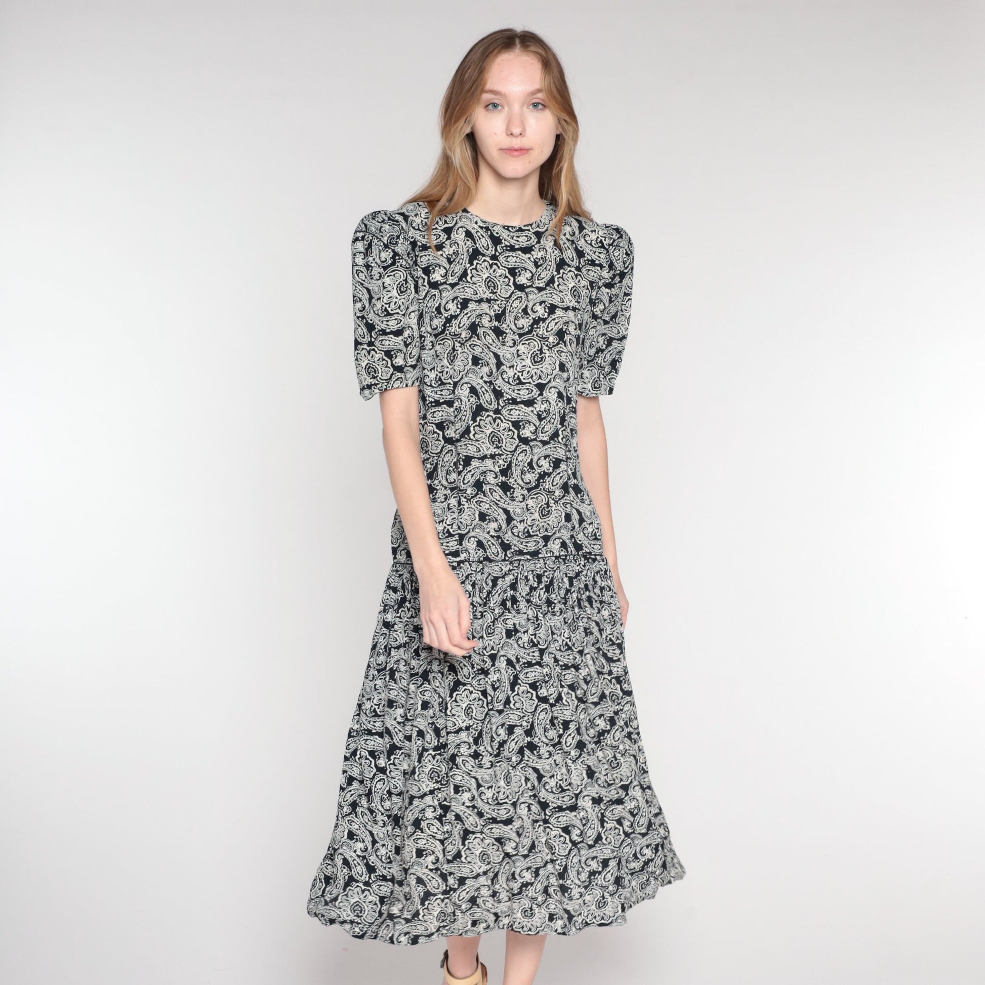 1990s Maggie London Black Paisley Maxi Dress Puff Sleeve Drop Waist Medium 8