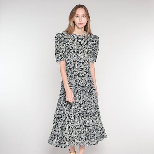 1990s Maggie London Black Paisley Maxi Dress Puff Sleeve Drop Waist Medium 8