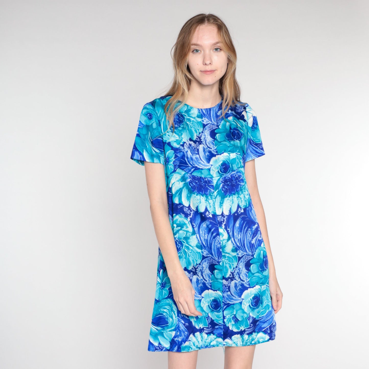 70s Blue Floral Rose Print Mini Dress Empire Waist Short Sleeve Small S