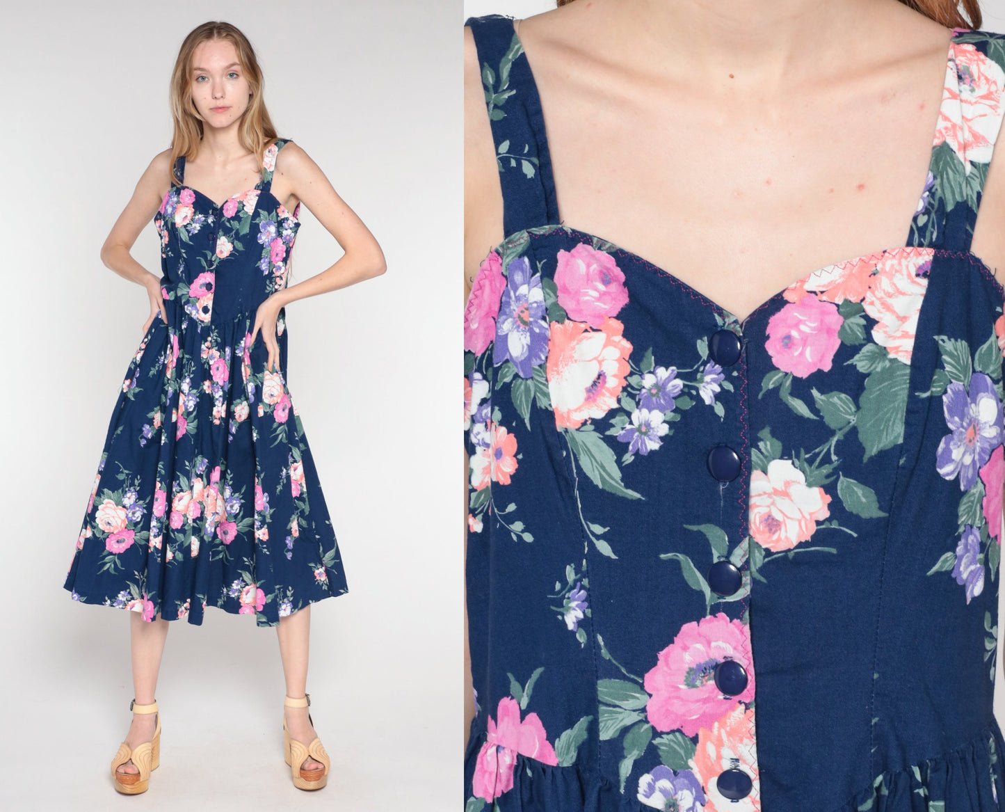 80s Navy Floral Midi Dress Sweetheart Neckline Button Front Sleeveless Medium M