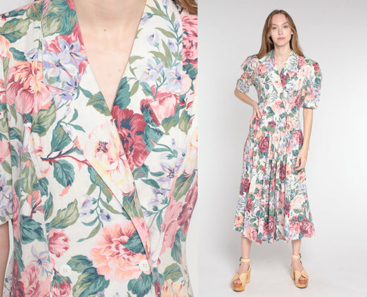 90s Floral Midi Dress Double Breasted Puff Sleeve Basque Waist Cotton Medium