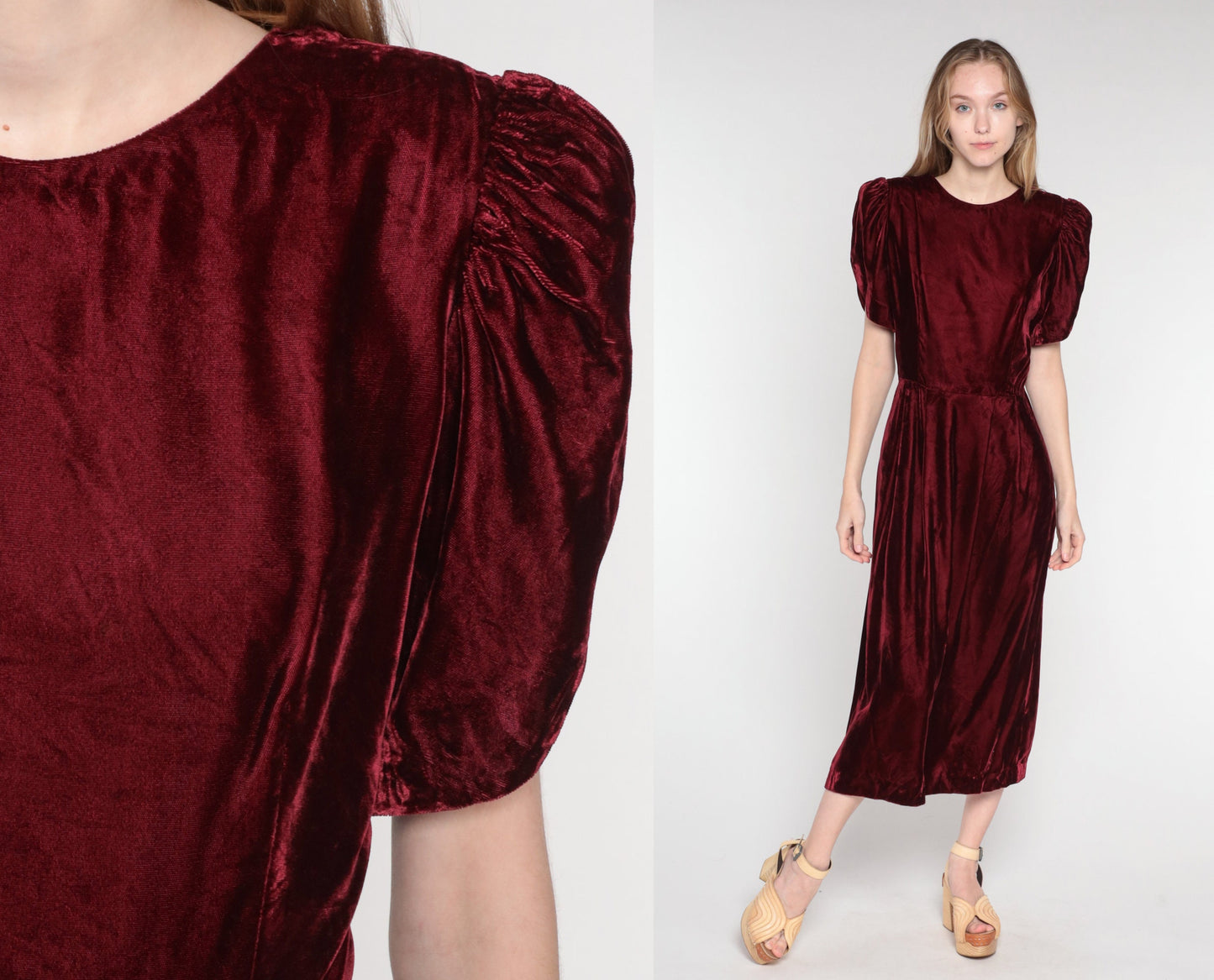 80s Lands End Burgundy Velvet Midi Dress Puff Sleeve Low Back Medium
