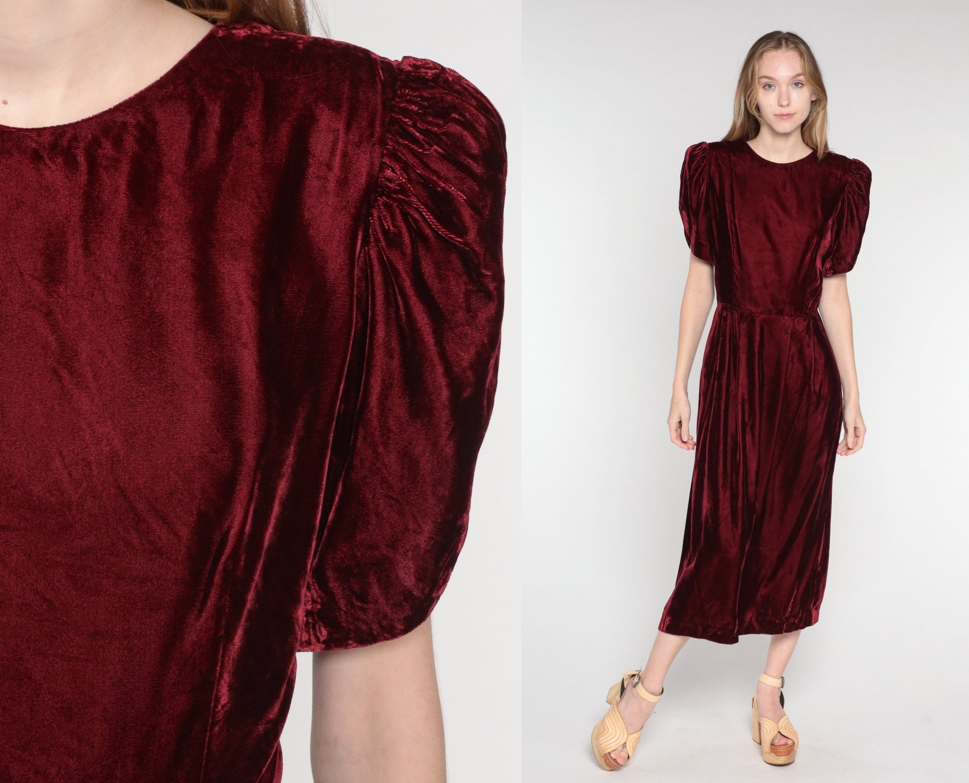 80s Lands End Burgundy Velvet Midi Dress Puff Sleeve Low Back Medium