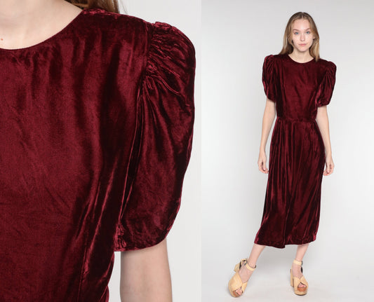 80s Lands End Burgundy Velvet Midi Dress Puff Sleeve Low Back Medium