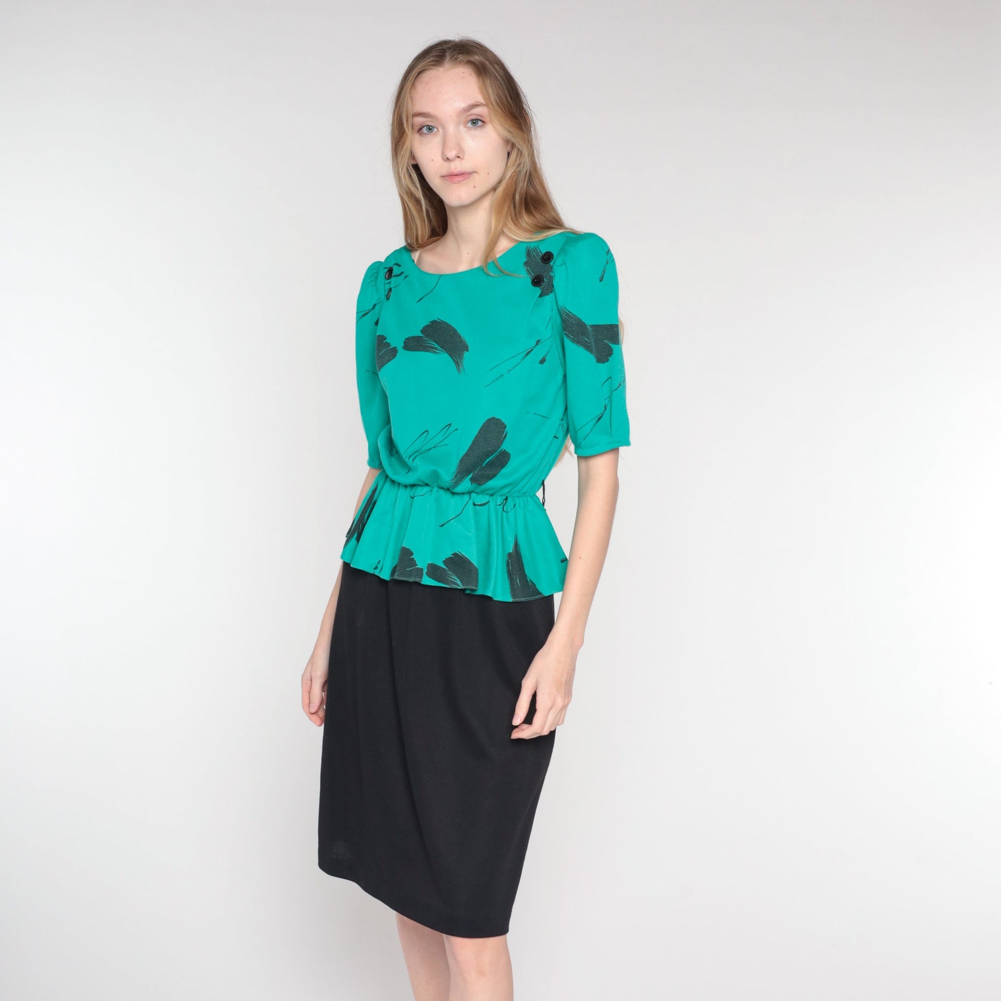 80s Peplum Midi Dress Black Green Brushstroke Print Puff Sleeve Small