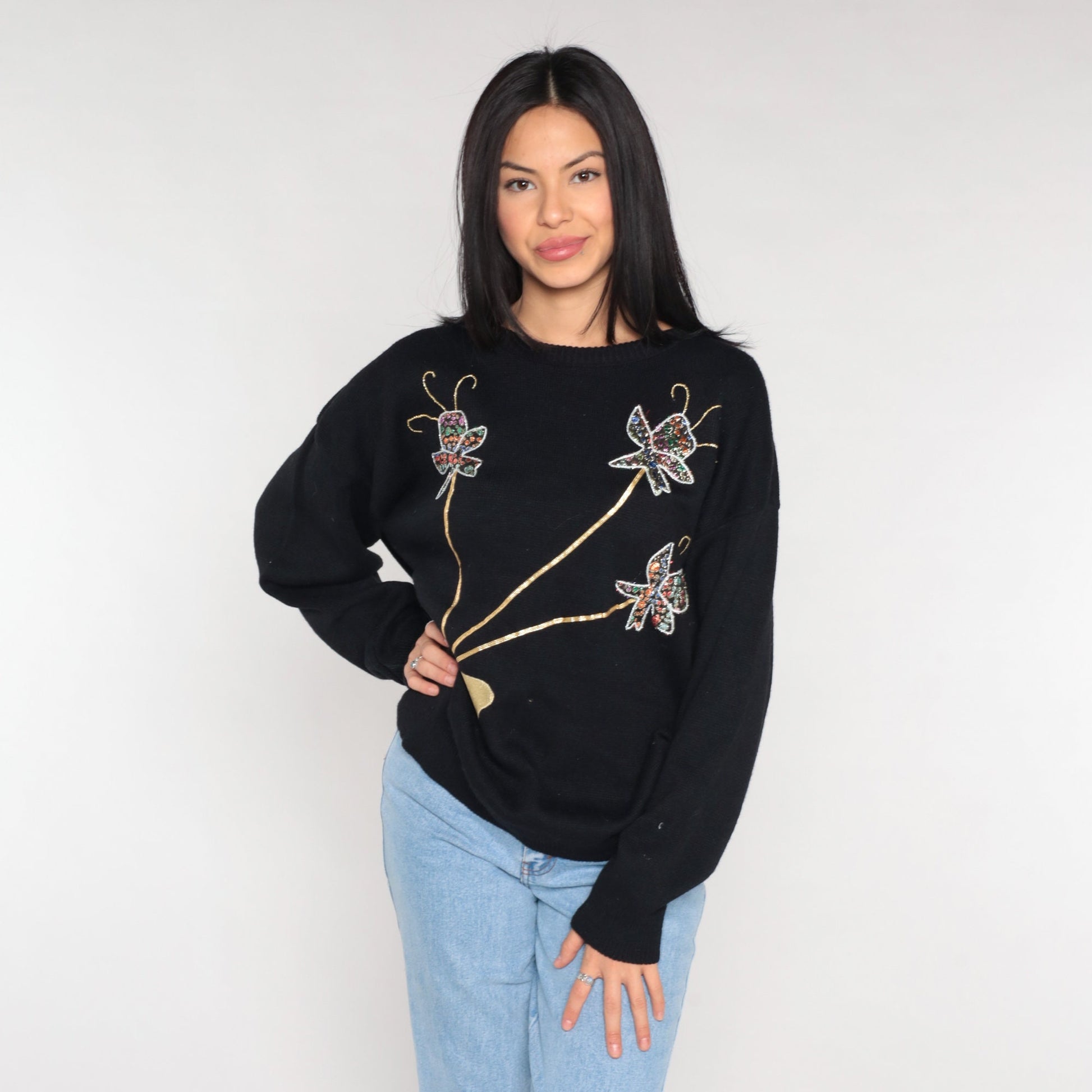 90s Metallic Floral Embellished Knit Sweater Black Gold Bow XL