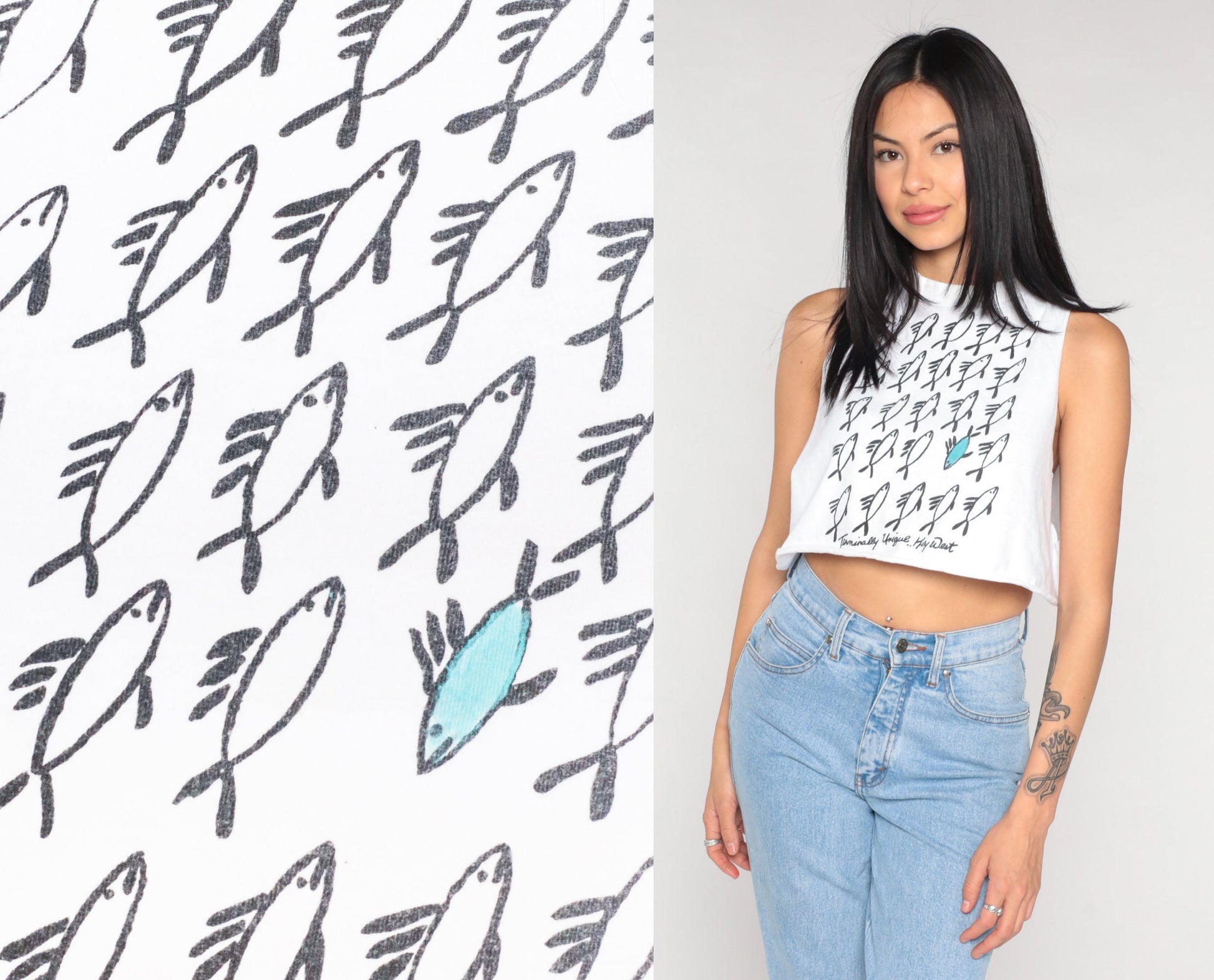 90s Key West Crop Tank Top White Fish Graphic Terminally Unique Small